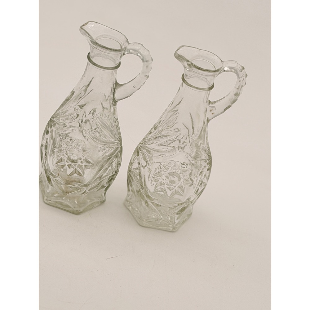 Vintage Clear Pressed Glass Starburst Cruet Set of 2 Hexagonal Base Pitchers